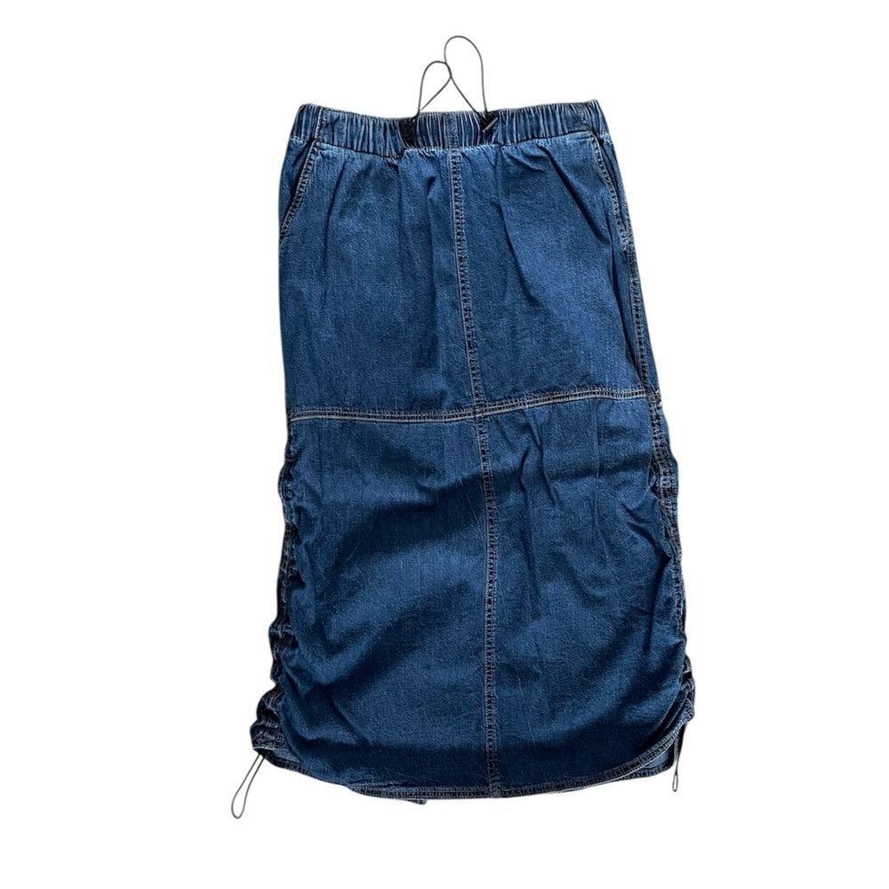 Denim Midi Skirt Elastic Waist Pockets